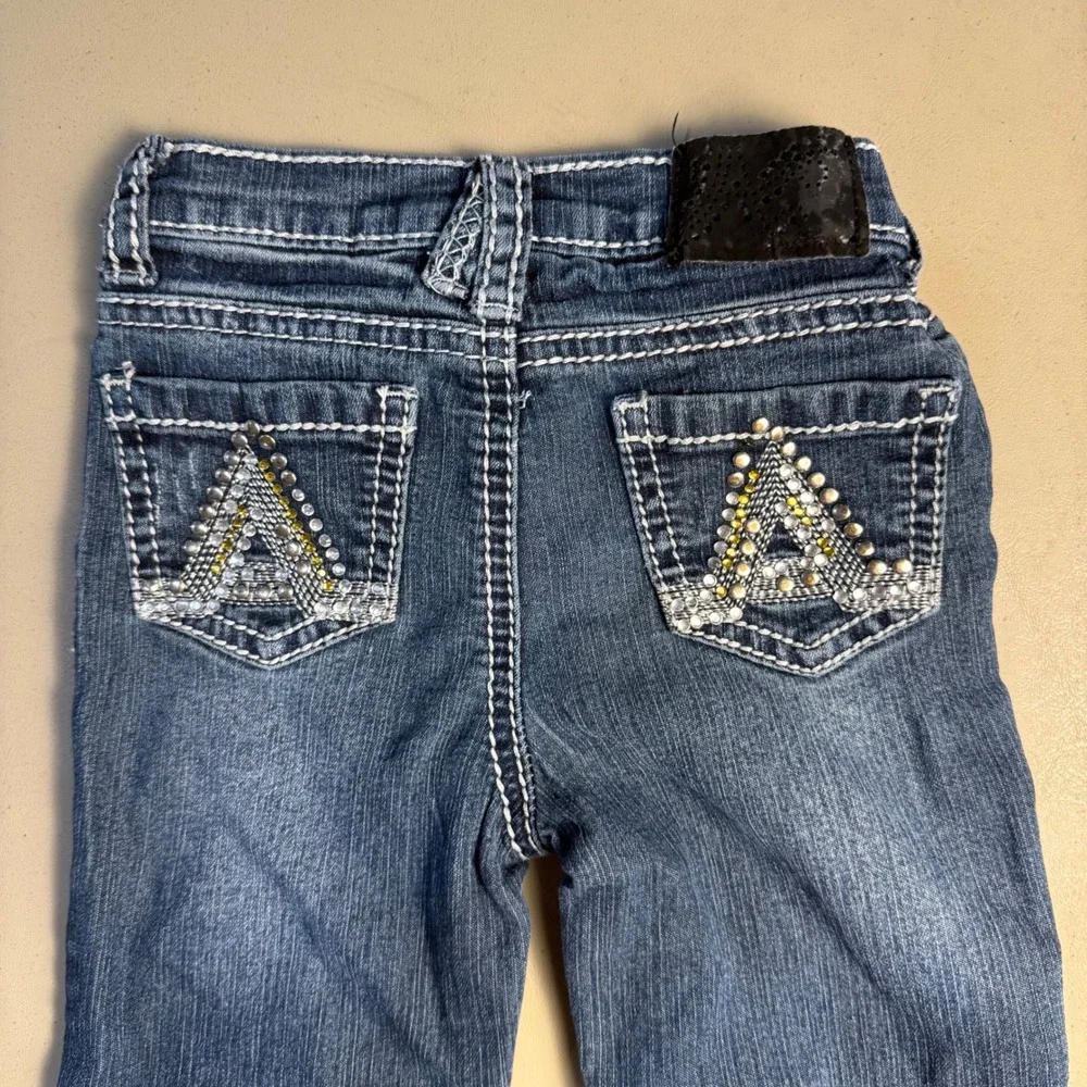 Almost Famous Jeans Girls 3T Blue Dark Wash Thick Stitch Rhinestone Pockets Y2K